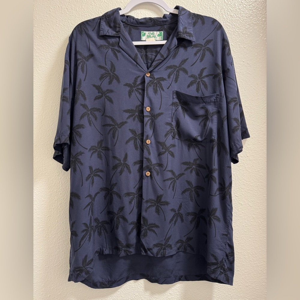 Two Palms Palm Trees Button Up Hawaiian Shirt Pocket Lightweight Blue Mens Large